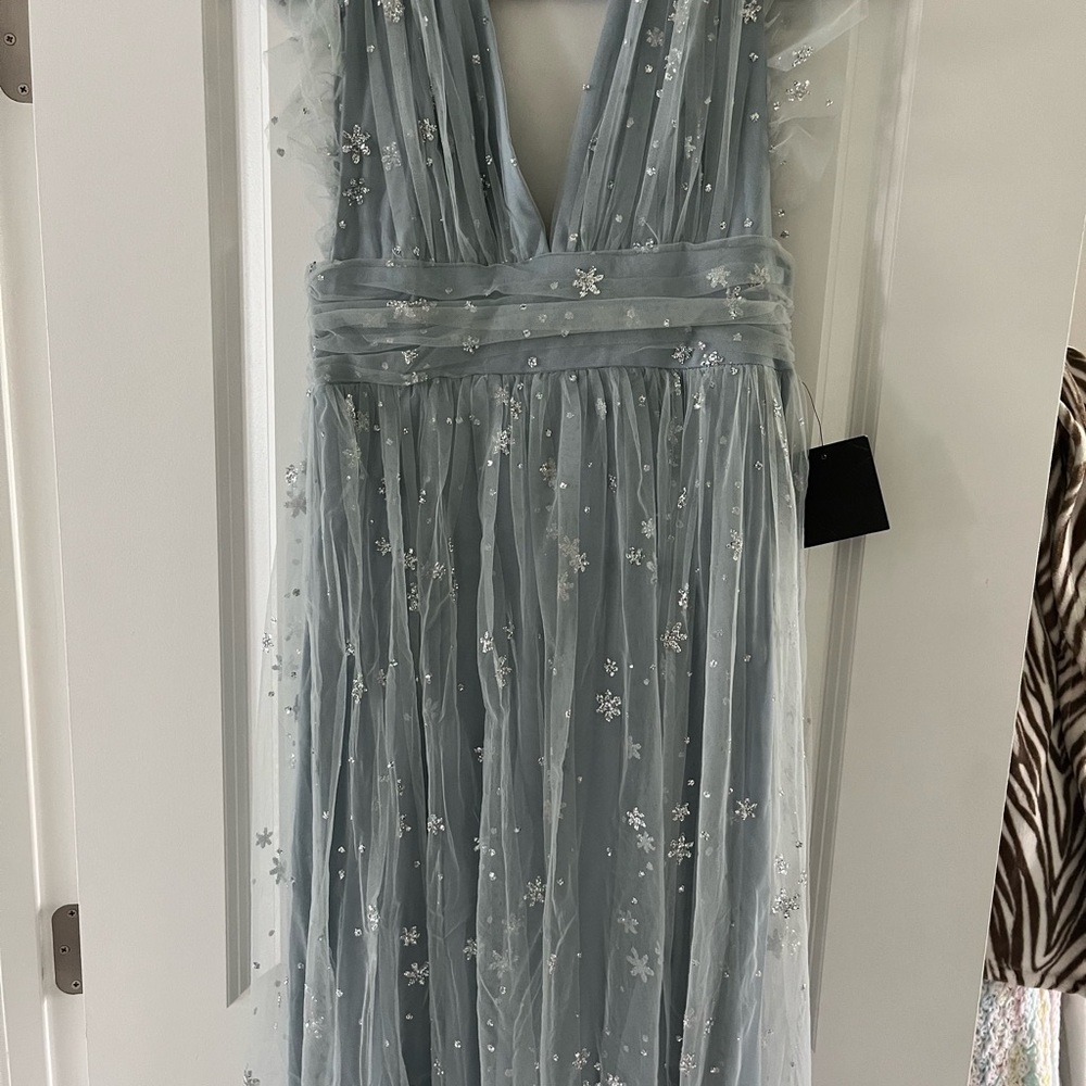 Embroidered Tulle V-Neck Maxi Dress in Dusty Blue